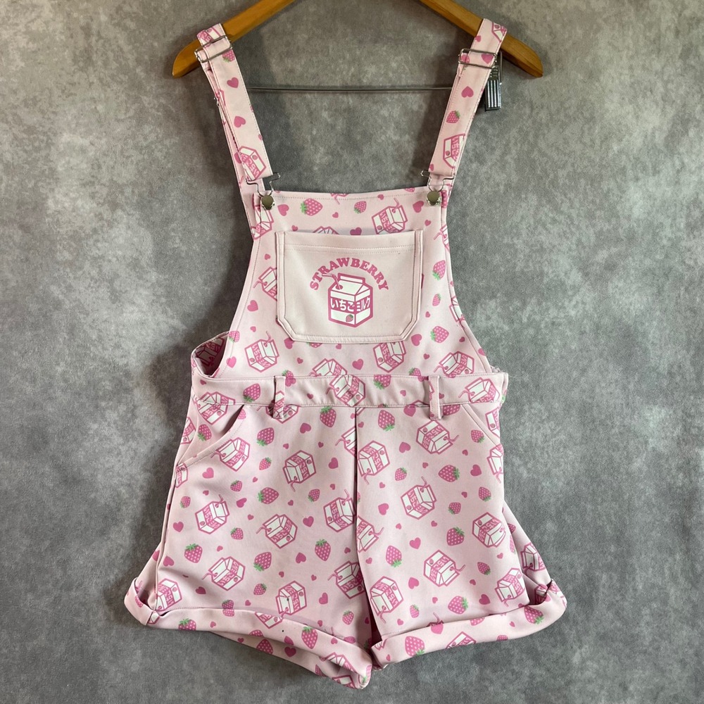 Hot Topic Strawberry Milk Romper Women Medium Pink Kawaii Harajuku Shortalls